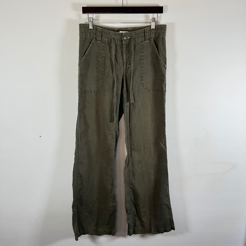Y2K CAbi 100% Linen Army Green Wide Leg Pants Drawstring Waist Embroidered Sz 6